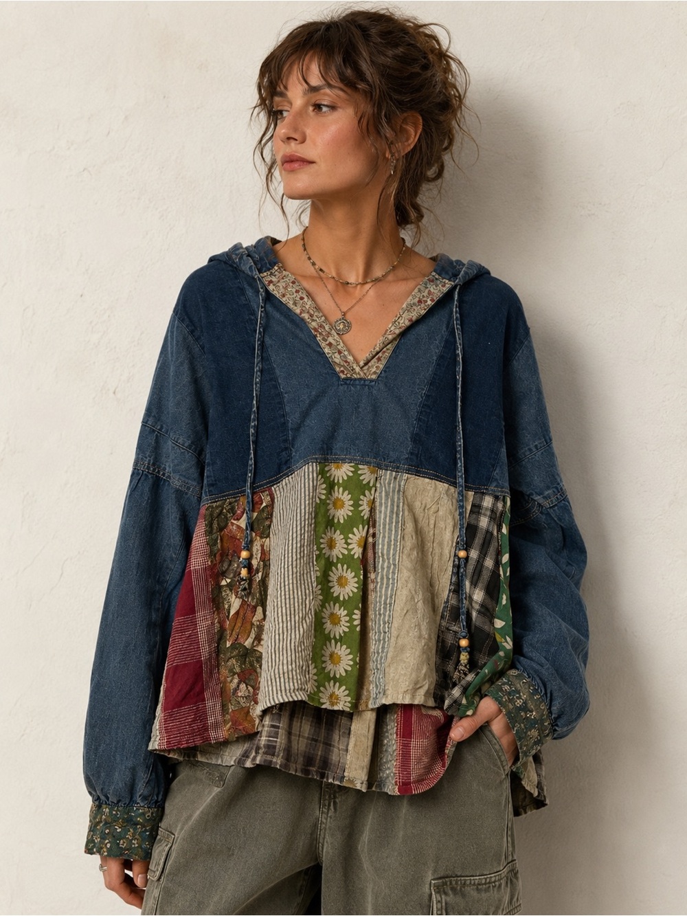 NWT Young Threads Mixed Media Patchwork Denim Hoodie top